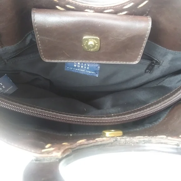 Vintage Liz Claiborne Crazy Horse Round Handle Faux Leather Bag, Dark Brown - Picture 7 of 15